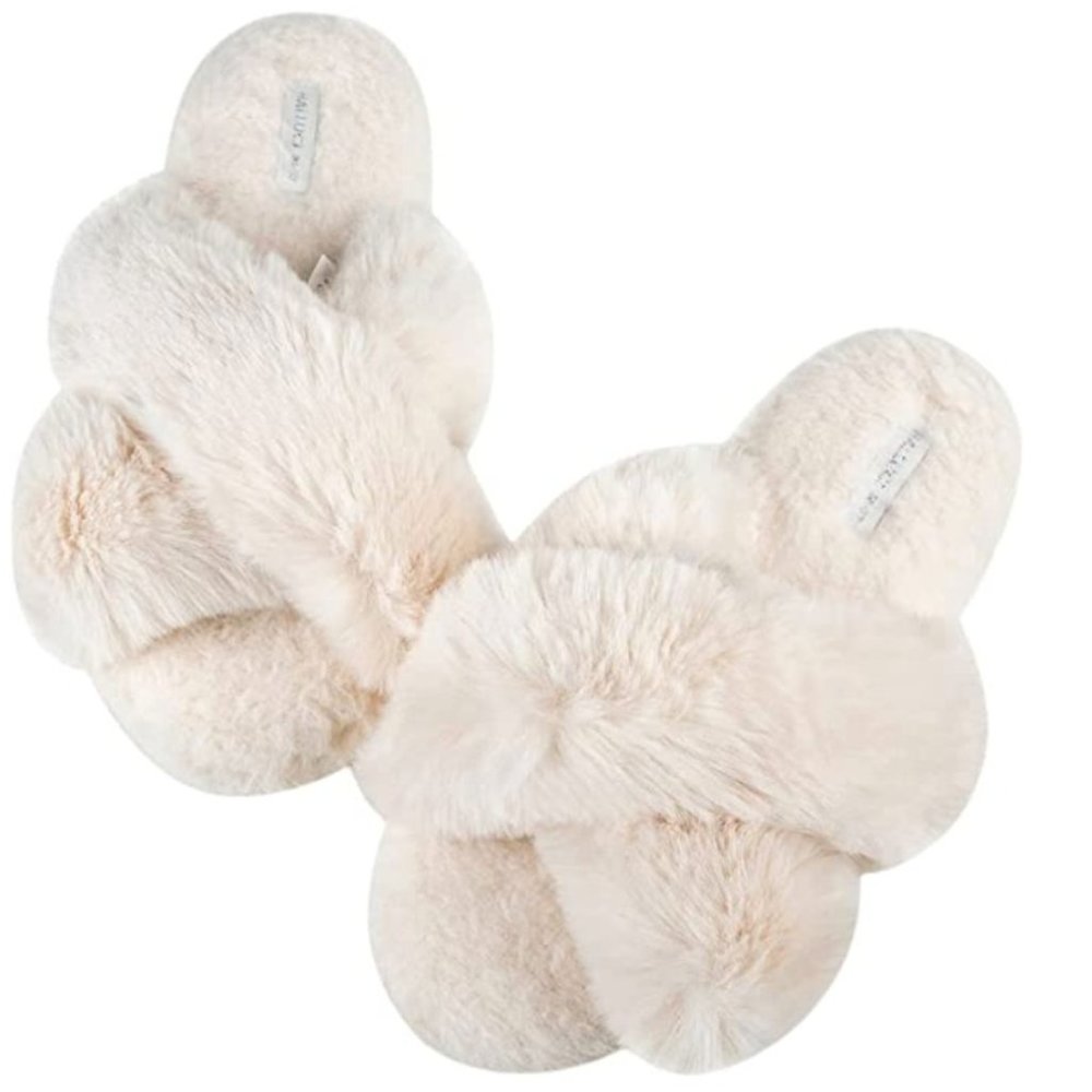 ULTRA FUZZY COZY FAUX FUR CRISS CROSS SLIPPERS - SZ EU 38/39 - IVORY
